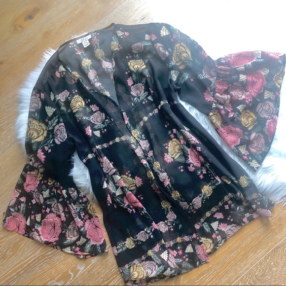 Style & Co. Tops - STYLE & CO Boho black + pink floral open kimono